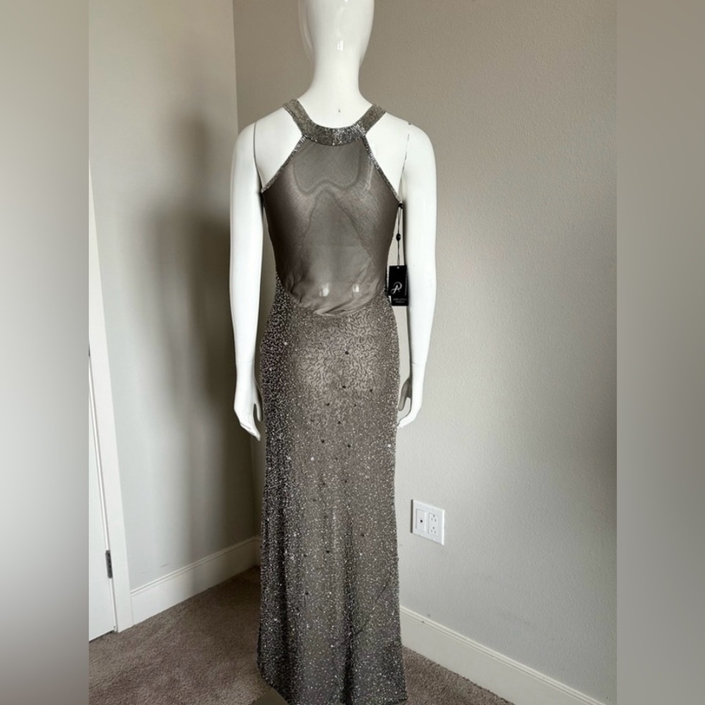 ADRIANNA PAPELL elegant party maxi beaded silver dress petite 4 - Picture 4 of 6